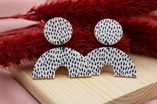 Black and White Speckled Semi - Circle Earrings