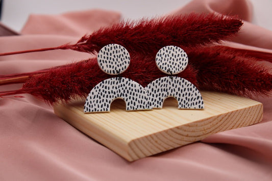 Black and White Speckled Semi - Circle Earrings