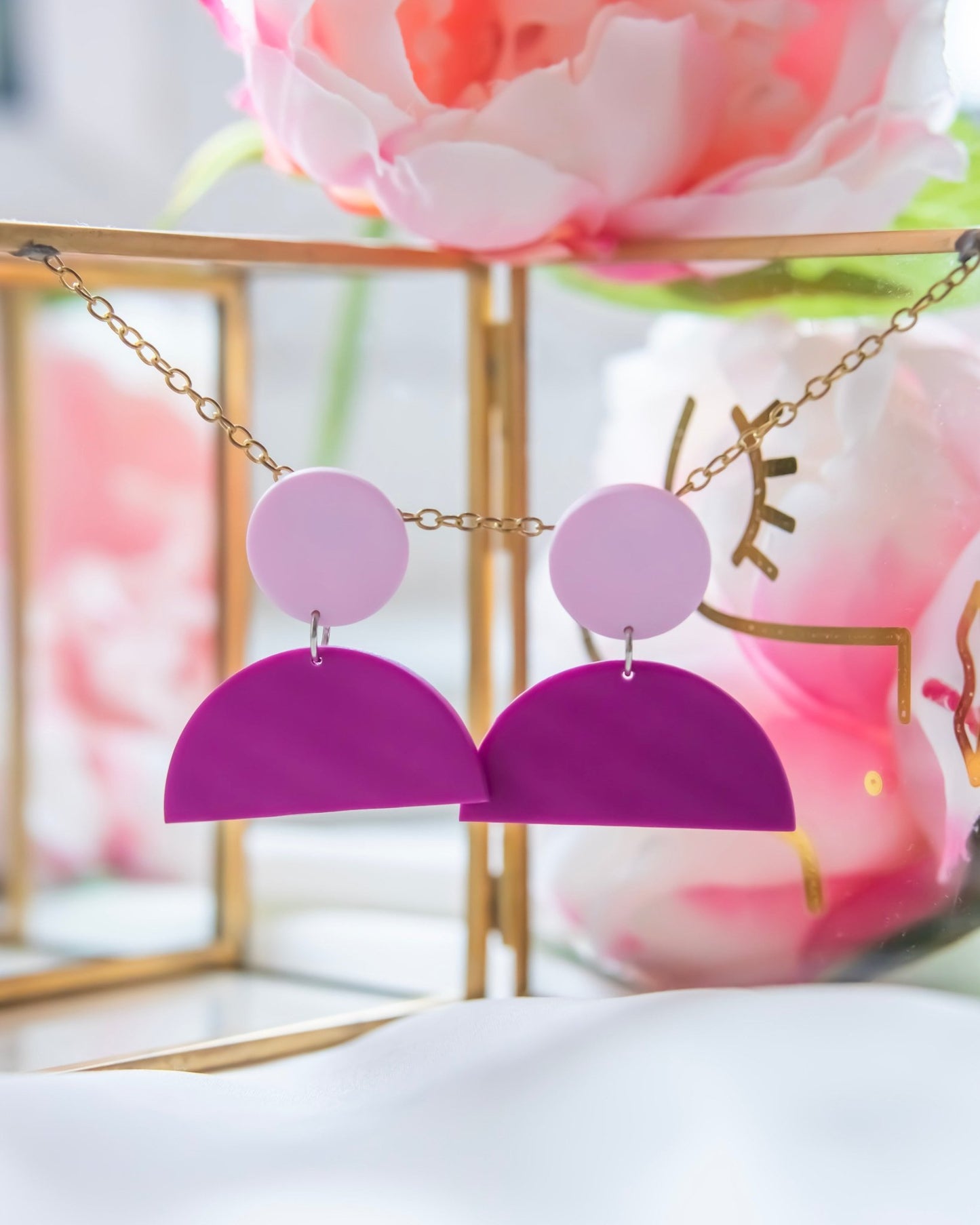 Fuschia and Cotton Candy Semi Circle Dangle Earrings