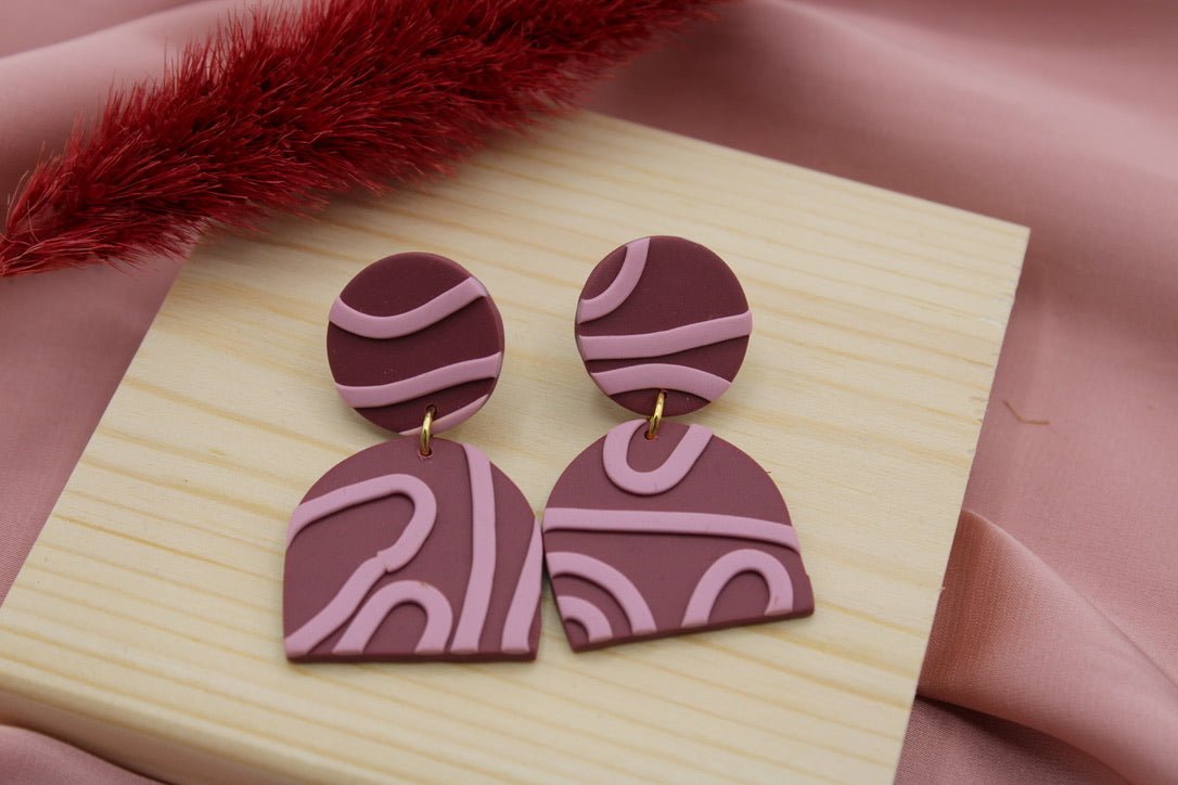 Plum and Cotton Candy Squiggle Half - Oval Earrings
